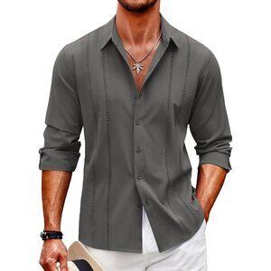 ❤️Mens Grey Cuban Shirt Casual Button Down Shirts  Long Sleeve Beach Shirts
